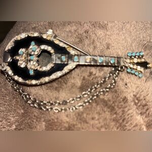 1950s 1960s Vintage Mandolin Brooch Black Enamel Turquoise Rhinestone Pin